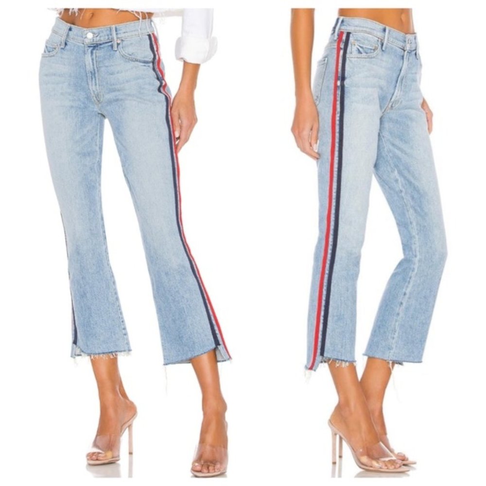 MOTHER Light Blue Cropped Jeans with Red & Navy Side Stripes